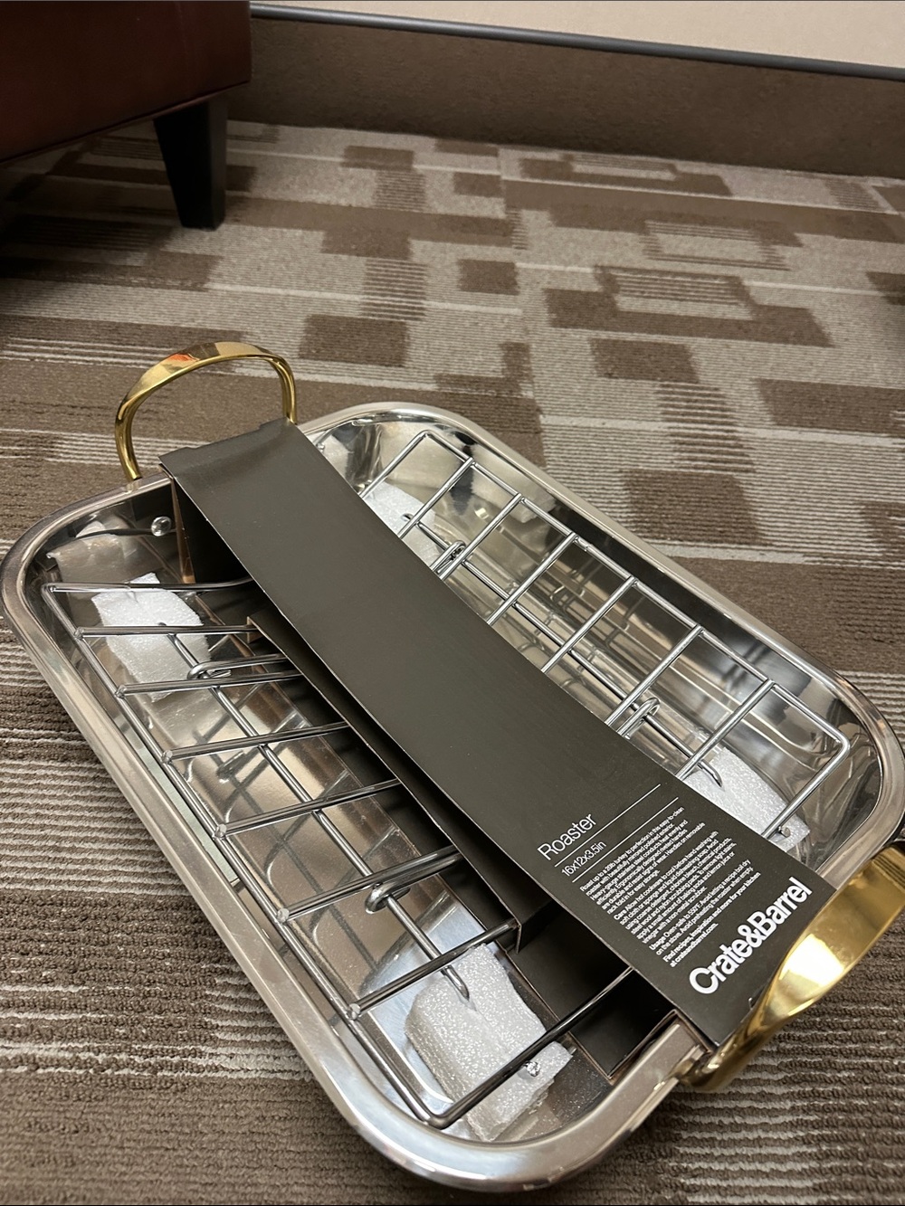 Crate&Barrel Stainless Steel Roaster with Gold Handles